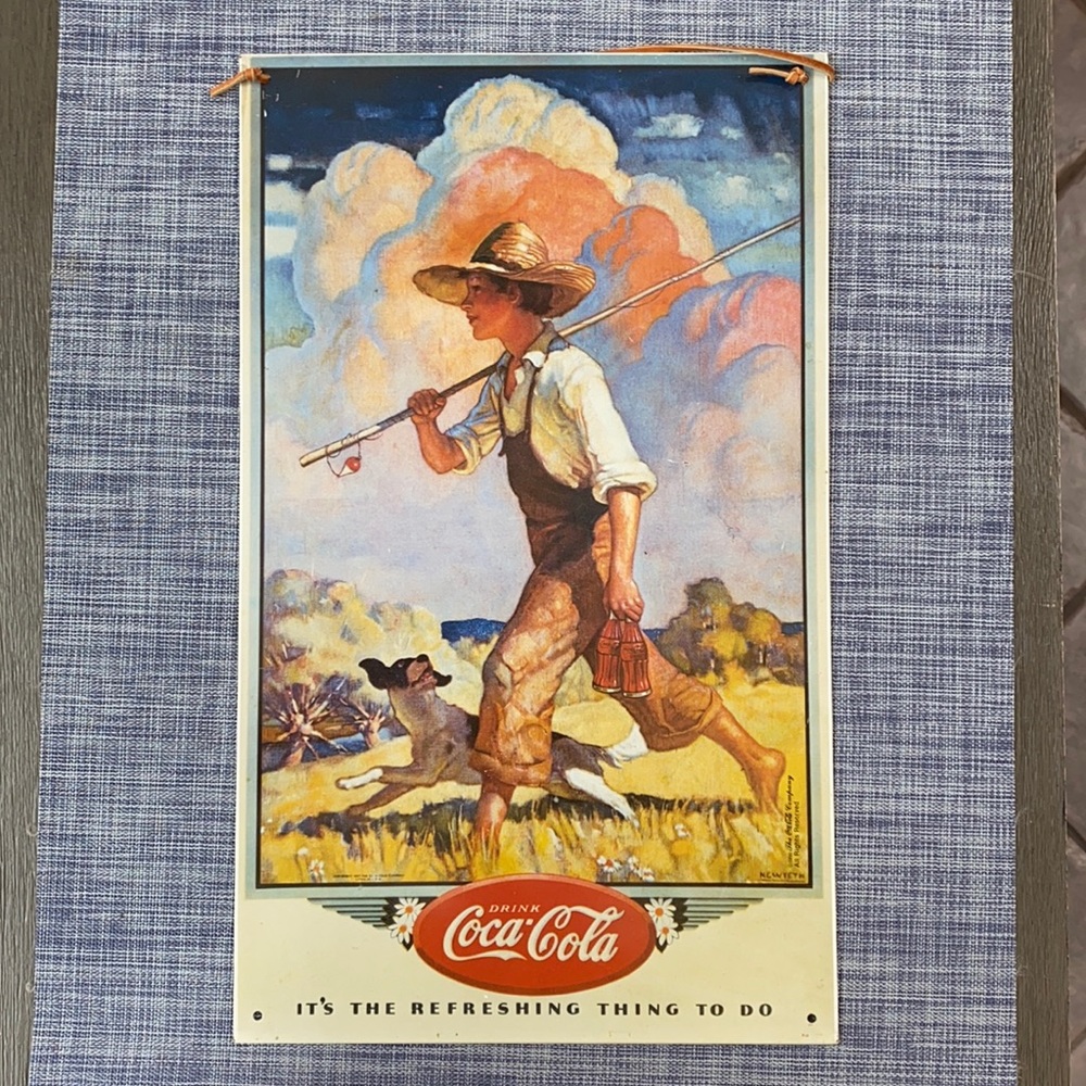 Vintage 1990 Rare Coca-Cola boy fishing metal sign